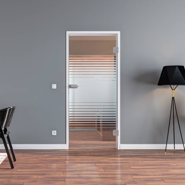 Ganzglastür Lübeck mit satinierten Streifenbändern, Bohrbild Office/Studio